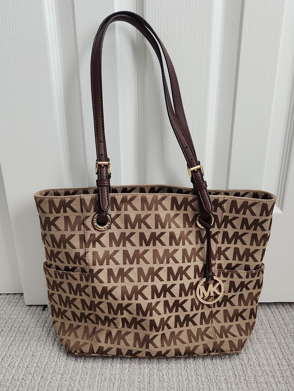 Michael Kors Tan and Brown MK Logo Tote with Gold Accents